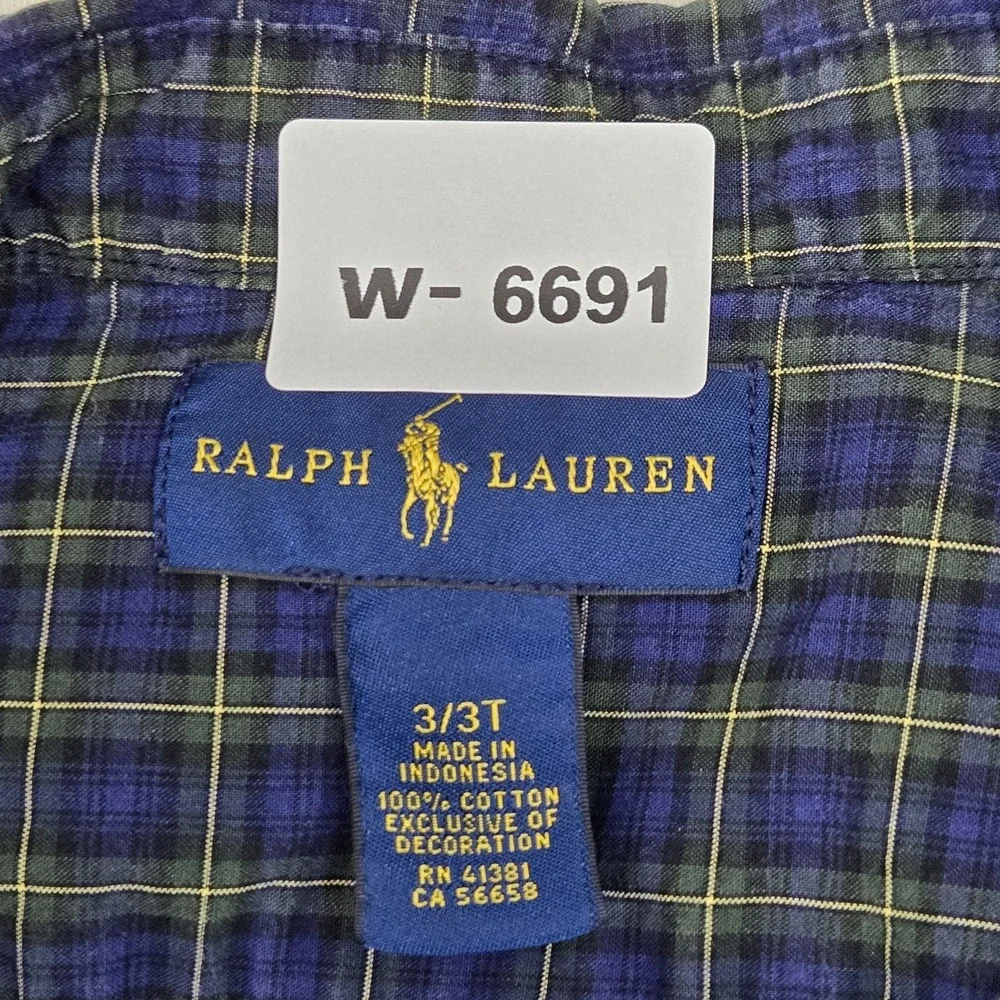 Ralph Lauren Toddler Button Up Shirt 3/3T Blue Embroidered Plaid Western